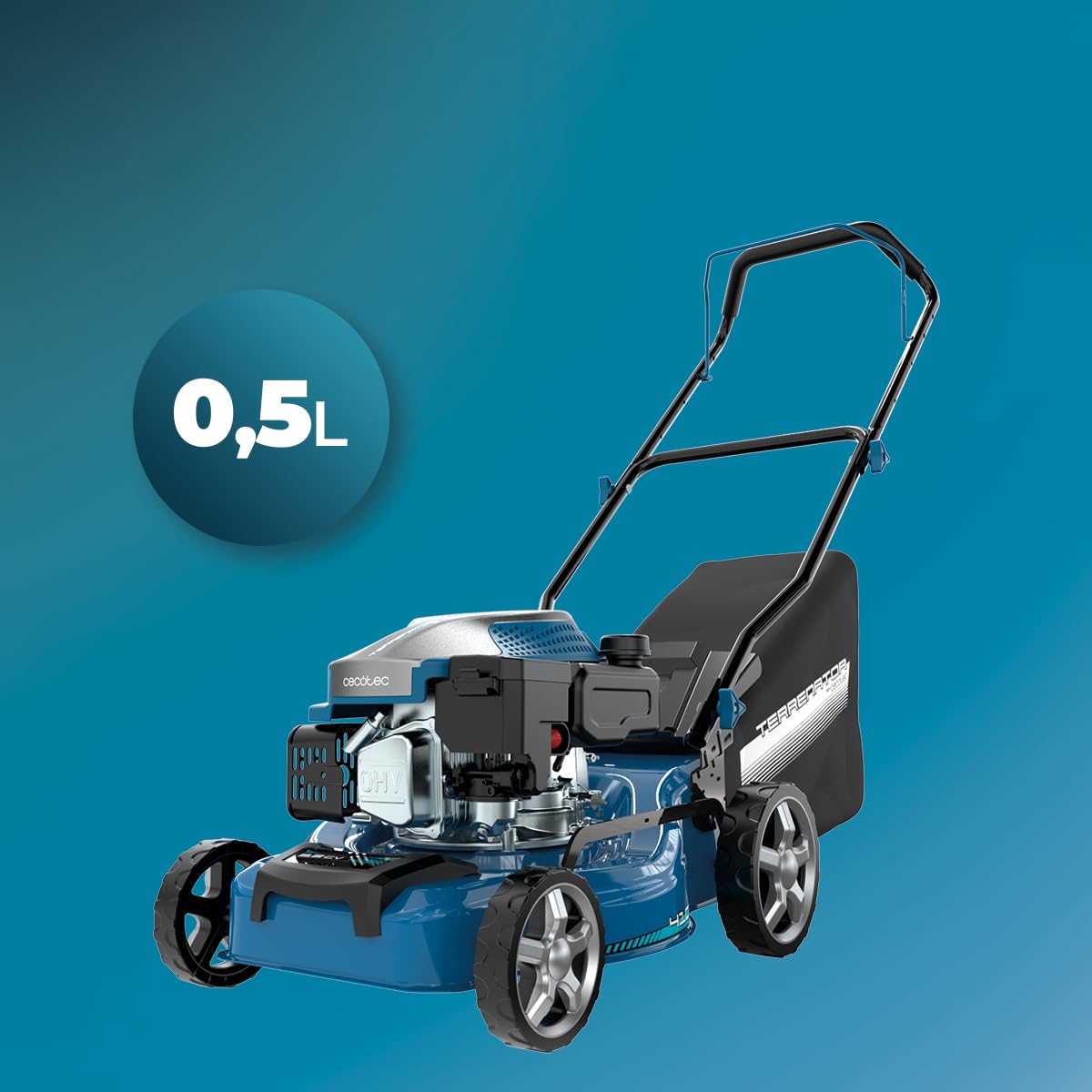 Cecotec Kosiarka benzynowa 144cc Terrenator 2700.41 Plus Total Z | Szerokość cięcia 41 cm, stalowy korpus, zmiana wysokości systemu Z-Tech, 3w1 z mulczowaniem, tylne koła XL