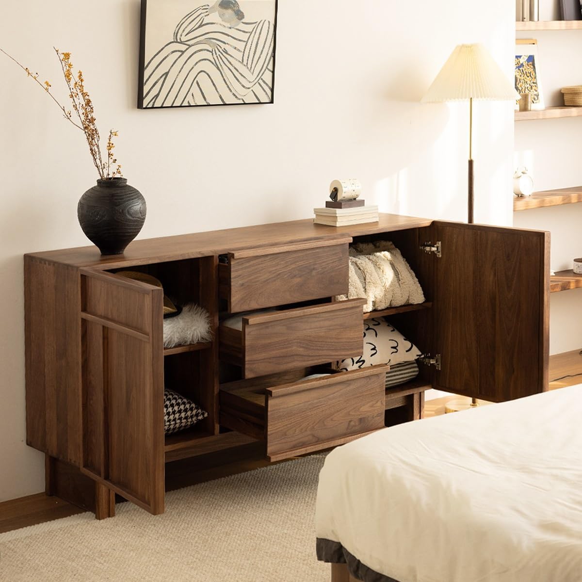 Sideboard Cabinet Solid Wood Skeleton Line Dining Sideboard Simple Multifunctional Storage Entrance Cabinet Sideboard Cabinet with Drawers