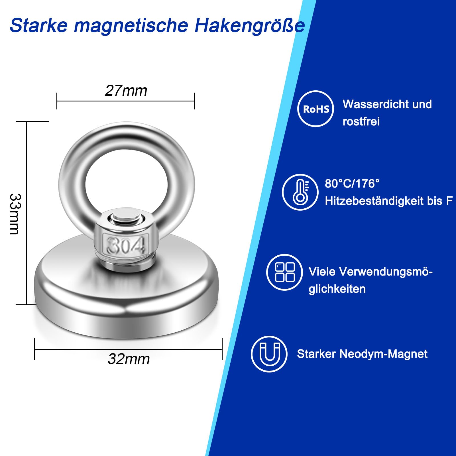 Neodym Magnete Extra Stark Magnetfischen 45kg,32MM Magnete Stark Groß,Magnetfischen mit Heberinge und Schrauben, 2 Stück Starker Angelmagnet mit Loch für Camping Industrie Magneten Zuhause Werkstatt