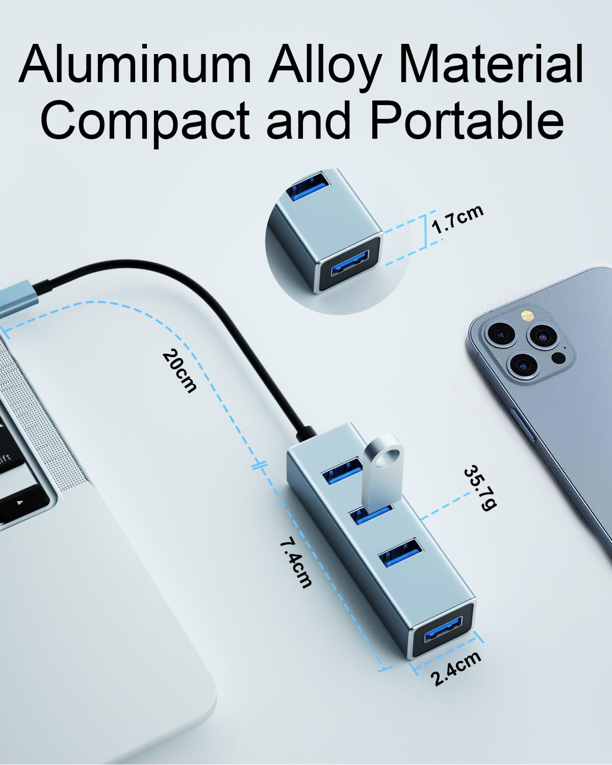 USB-C Hub Mit 4x USB 3.0 Ports – Ultraflacher Aluminium-Adapter Für MacBook, IPad, Surface (20 Cm Kabel, Datenübertragung)