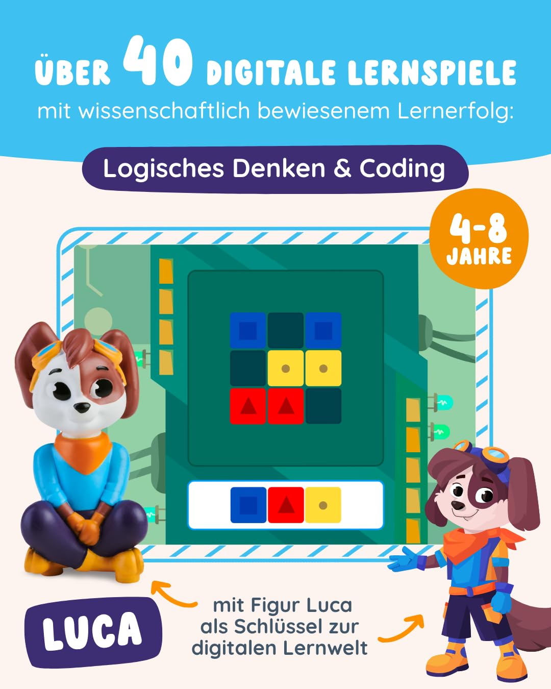 Edurino Figur Luka Logisches Denken & Coding ab 4 Jahren inkl. App | Innovatives & digitales Lernspiel | Spielerisch Strukturen & Muster erkennen | Rätseln & Knobeln