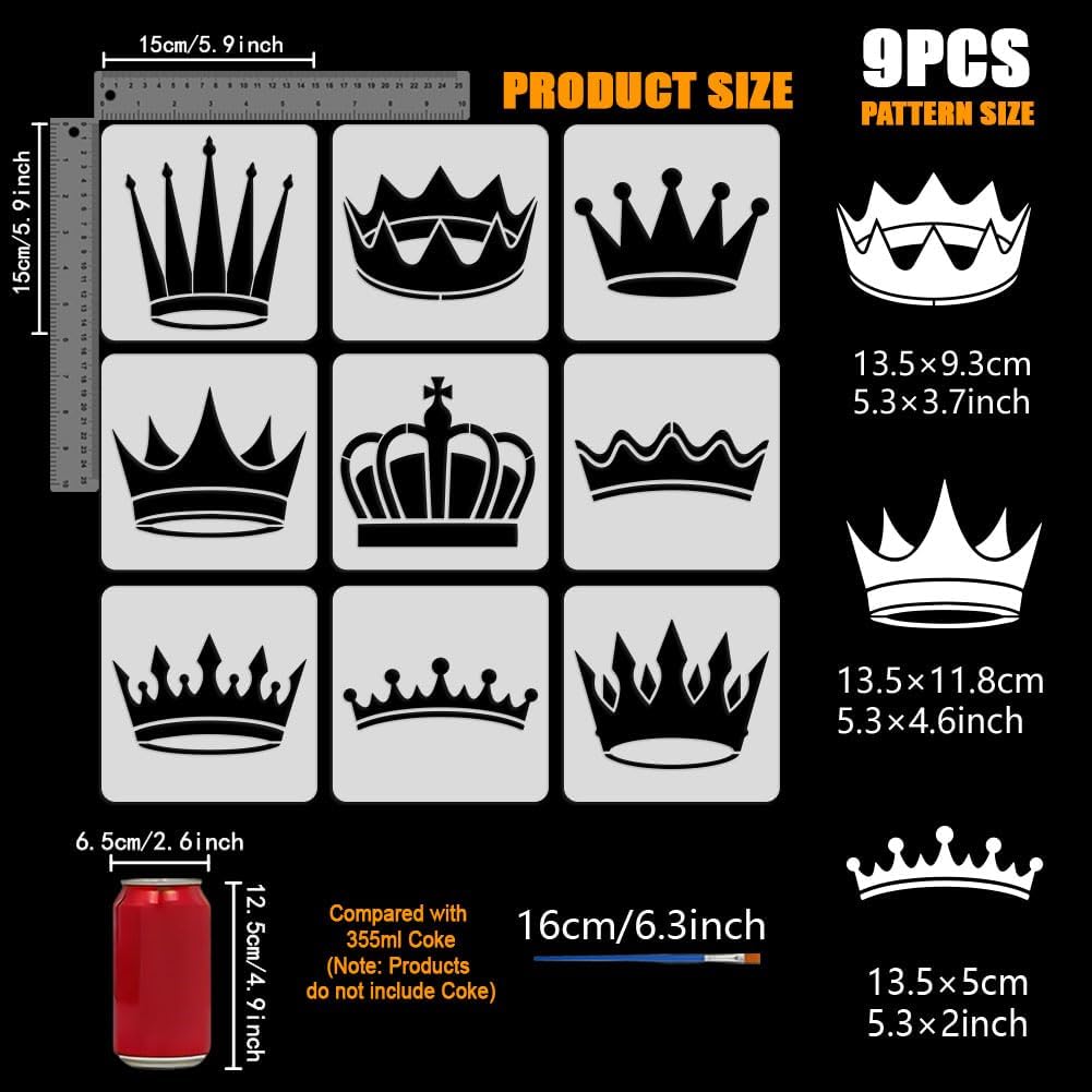 FINGERINSPIRE 9Pcs Crown Stencils with a Brush 5.9x5.9Inch 9 Styles Cartoon Crown Painting Stencils King's Crowns Stencil Fantasy Themes PET Template for Wood Floor Tile Wall Fabric Furniture DIY