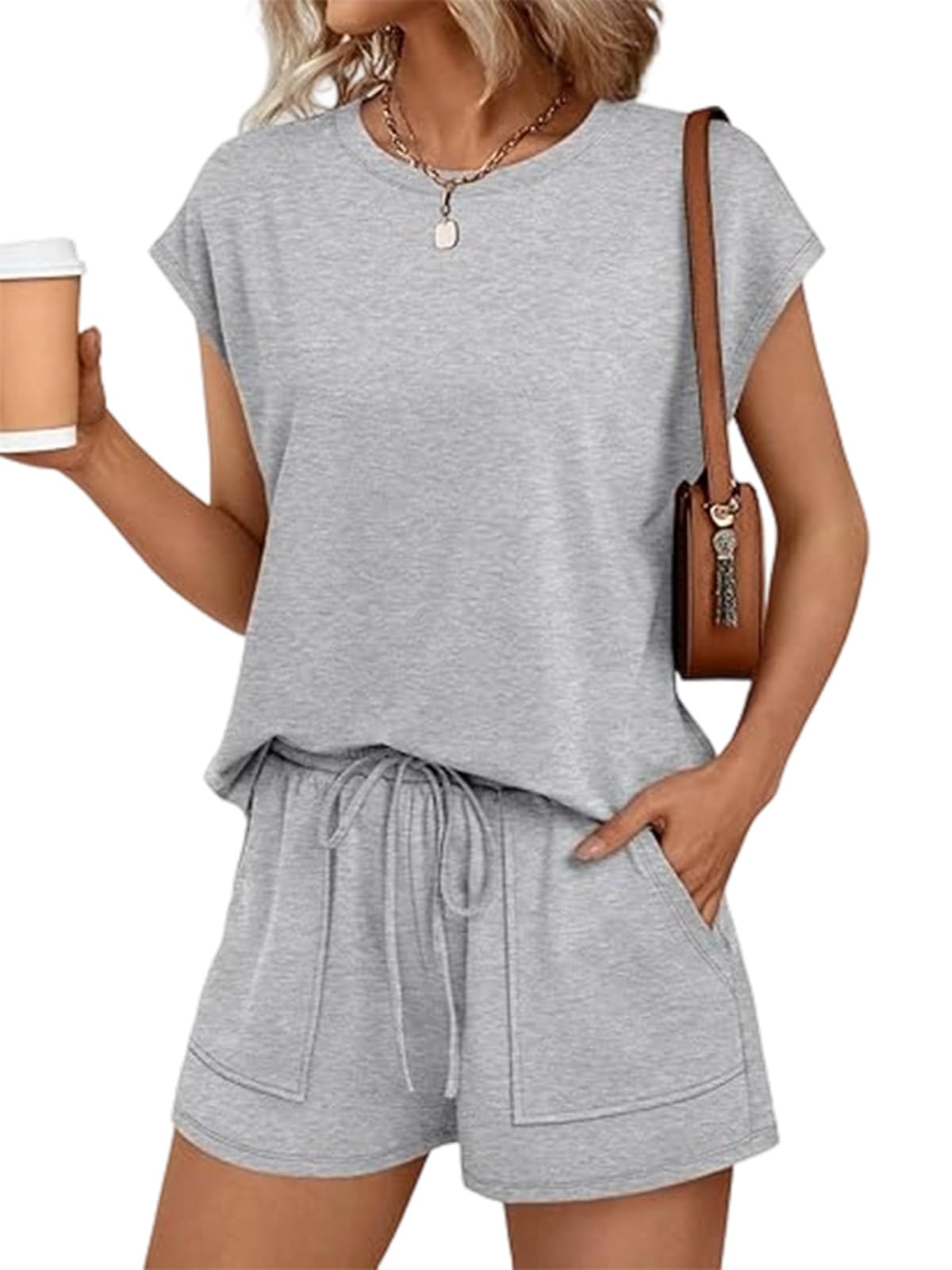 Conjuntos Chándal Mujer Verano 2 Piezas Casual Cuello Redondo Top Sin Mangas y Pantalones Cortos con Bolsillos y Cordón Ajustable Chandal Completo