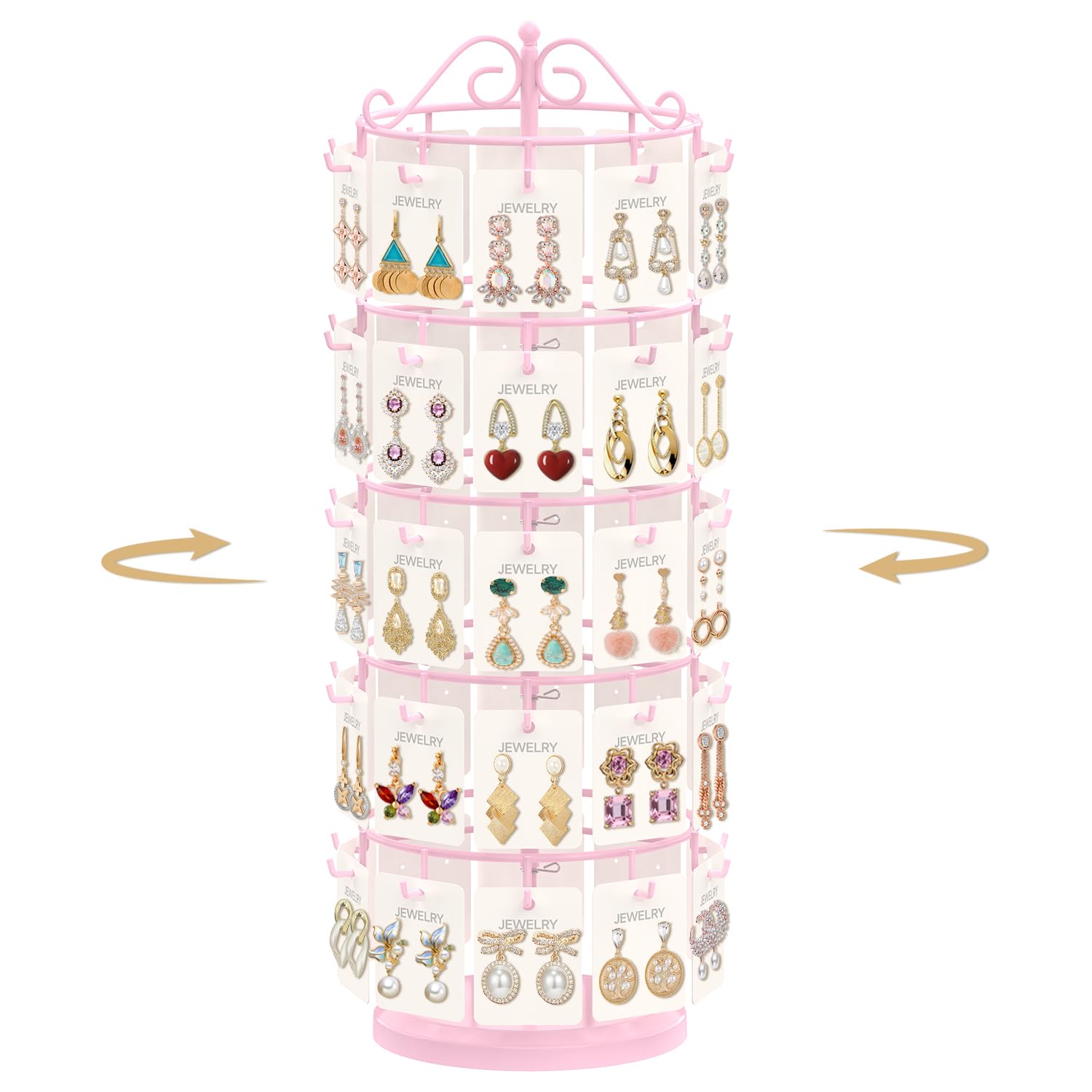 Photo 1 of MODOWEY Earring Card Display Stand for Vendors, 50 Hooks Metal Rotating Organizer Rack Holder, 5 Tier Adjustable Jewelry Tree for Stud Pierced Dangle Selling, Boost Sales Compact Earing Hanger, Pink
