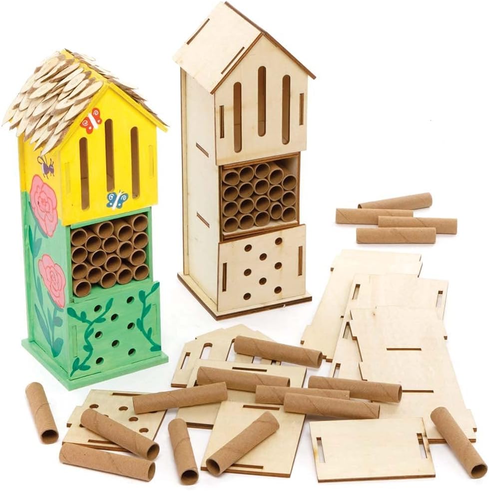 FE508 Wooden Bug Hotel Kits - Pack of 2, Woodcraft Activities to Paint and Decorate for Kids Arts and Crafts or Garden Projects,Green