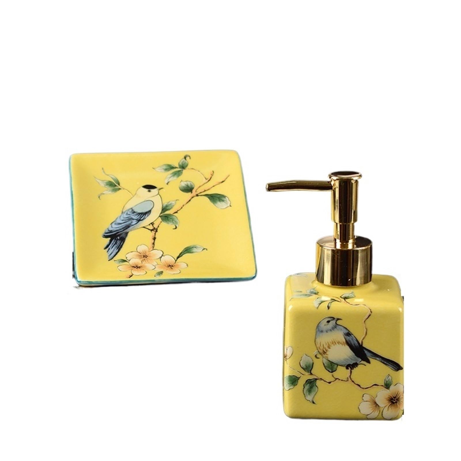 Dispenser Sapone Set creativo da bagno in ceramica composto due pezzi, con dispenser di sapone quadrato e portasapone Dosatore Sapone Bagno(Yellow)