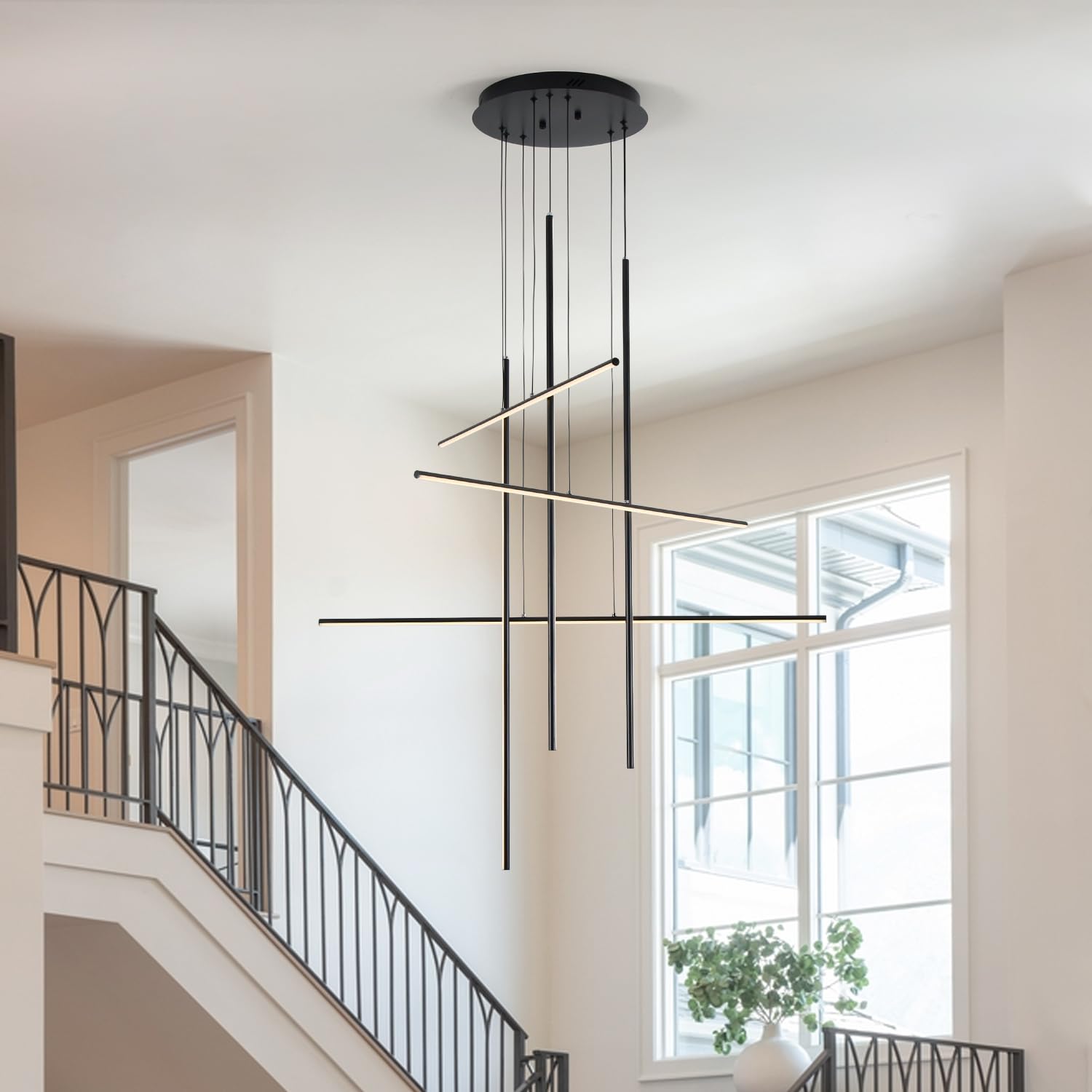 6 Lights Linear Staircase Chandelier Modern LED Dimmable Hanging Pendant for Living Room Entrance,High Ceiling Black Round Hanging Pendant Light