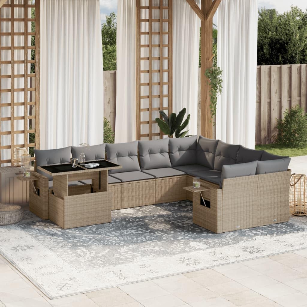 Set Divano da Giardino 10 pz con Cuscini Beige in Polyrattan,Set di Conversazione per Patio,Set Salotto da Esterno,Set Divano da Giardino Esterno-3268139