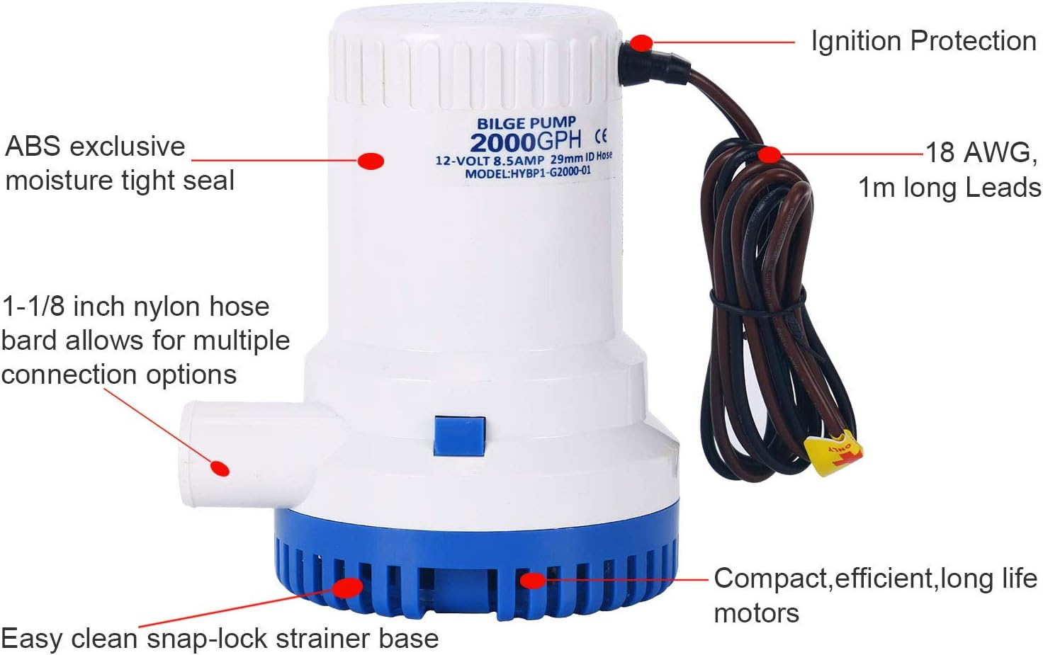 DasMarine 2000 GPH 12v Boat Marine Plumbing Electric Bilge Pump 1 1/8"(29MM) outlet 8.5AMP