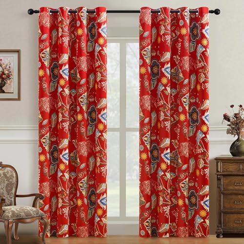 Image of XiDi Red Floral Patterned Blackout Curtains 96 Inches Long 2 Panels | for Bedroom Living Room Thermal Insulated Luxury Vintage Flower Curtains Botanical Leaf Printed Grommet Window Drapes 52x96