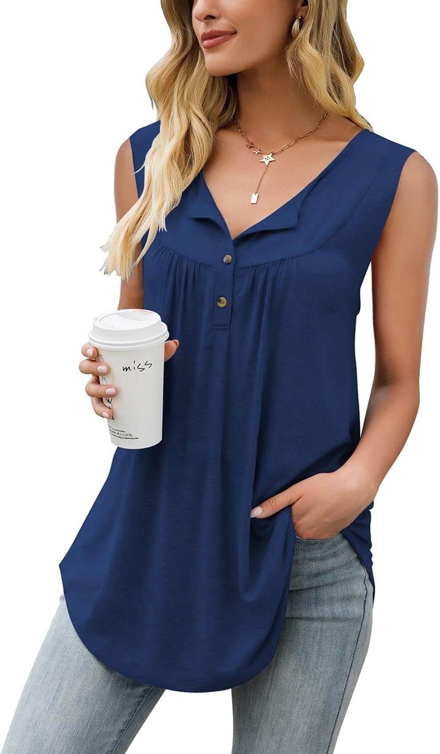 AMCLOS Womens Tops V Neck Tanks Summer Sleeveless Shirts Swing Flowy Tunic Ruffle Button Down Casual Vest Blouses