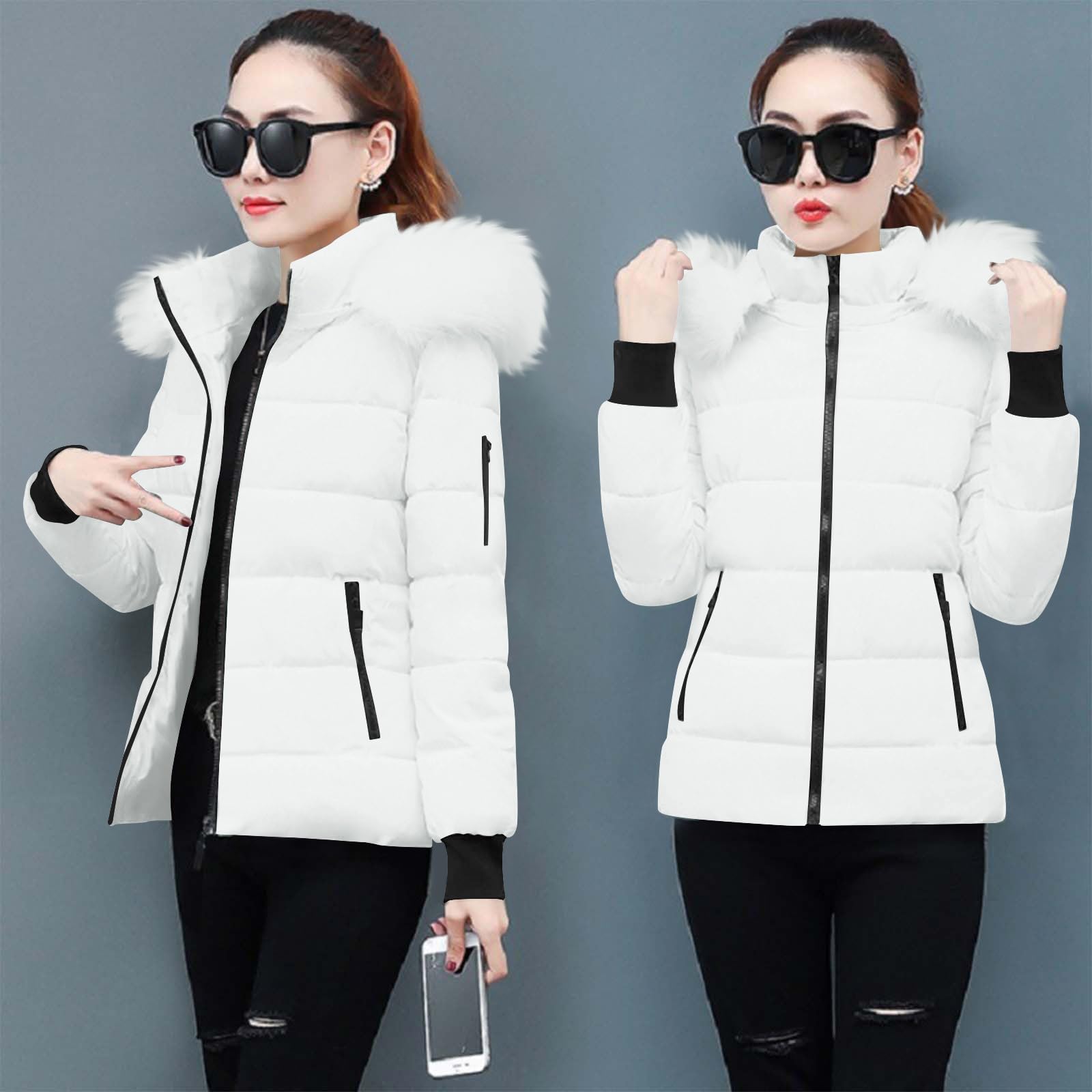 KHIRVWL Doudoune Femme Hiver Chaude- Manteau Matelassée à Capuche Amovible En Peluche- Veste Légère Avec Poches Et Zippé- Blouson Slim Fit Col Montant- Manteaux Mi Saison Puffer Jacket Manches