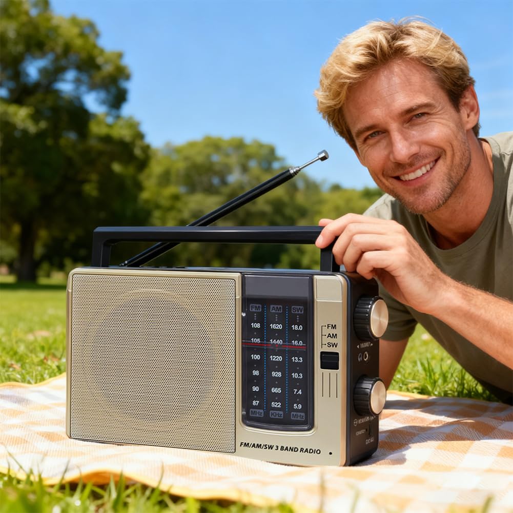 Radio FM AM portátil, Radio alimentado por batería y corriente AC, Radio de maletín para personas mayores, Radio de onda media, Radio pequeño con altavoz, Radio sencillo para personas mayores, Radio