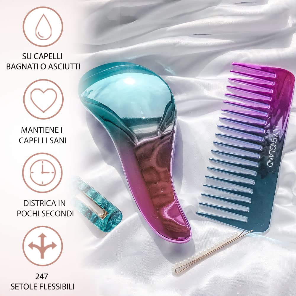 Lily England Set di spazzola districante e pettine per capelli, spazzola per capelli leggera e pettine a denti larghi per donne, spazzola districante liscia e pettine per capelli ricci, Sirena