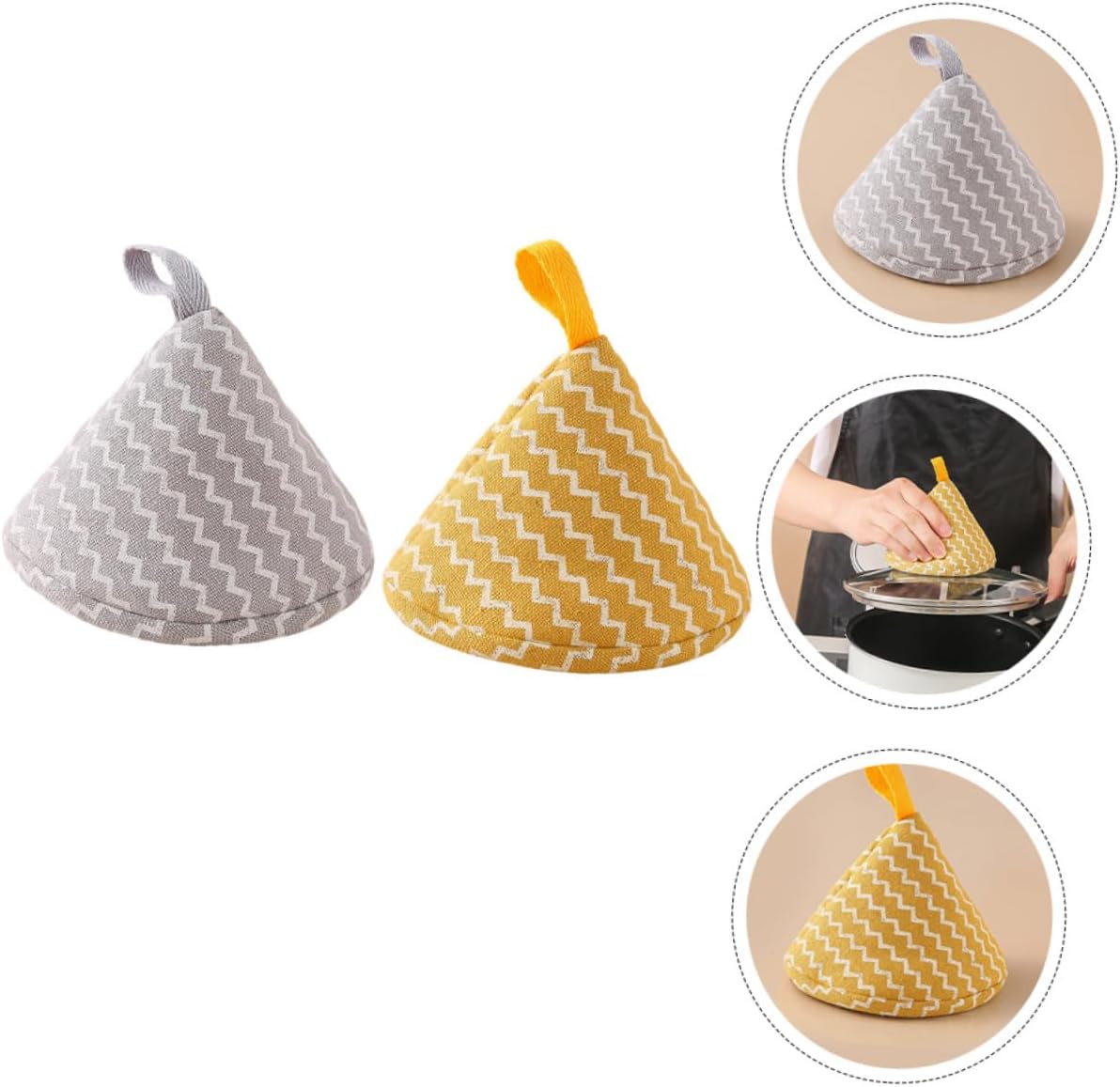 2pcs Creative Triangle Pot Lid Cover Heat Resistant Cotton Linen Pot Handle Gloves for Kitchen Use Practical Kitchen Accessory Orange Gray Stripes