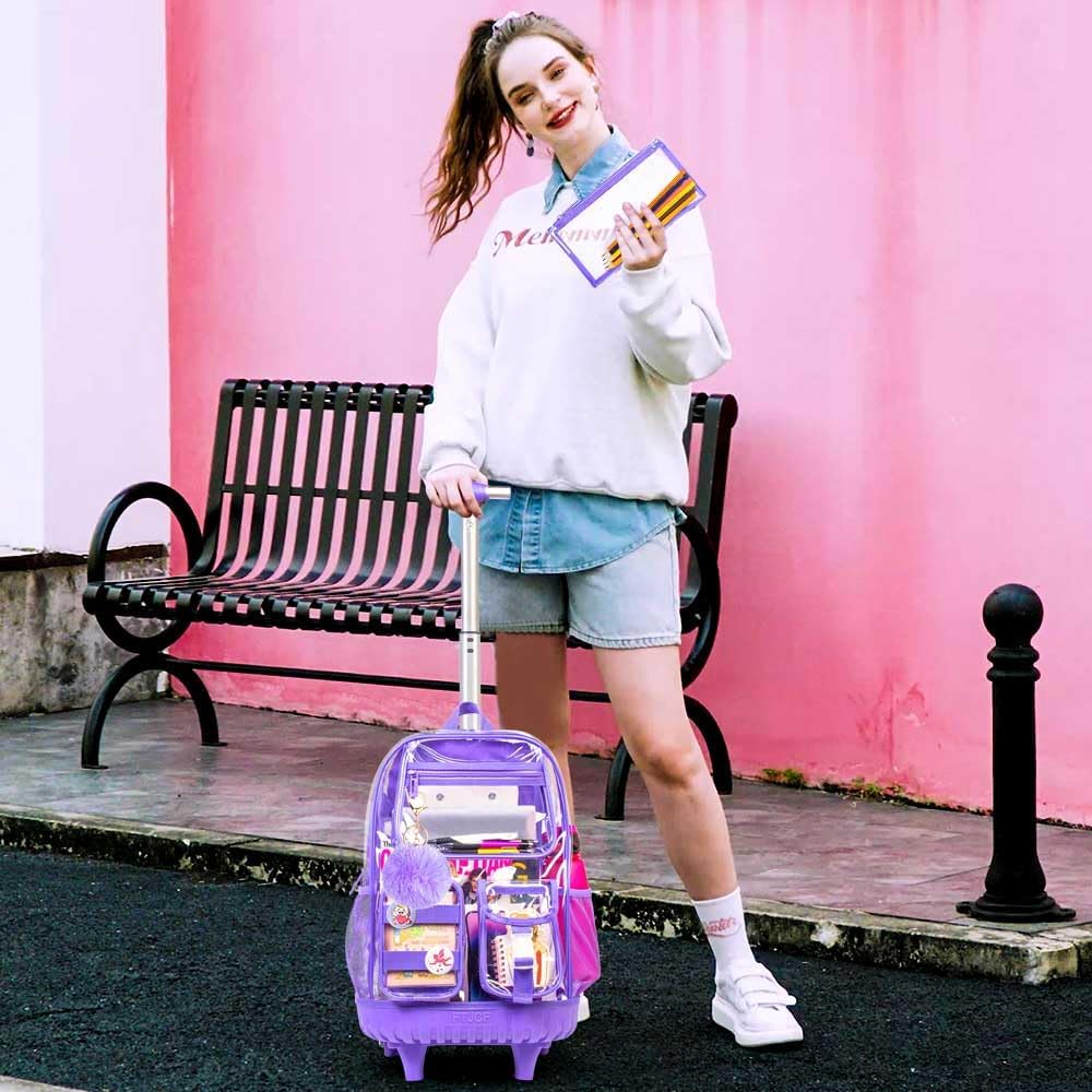 WZLVO Clear Backpack Rolling Backpack for Girls Women, Heavy Duty PVC Transparent Bookbag, See Through Wheeled Backpacks Set for Teens Elementary Travel - Purple