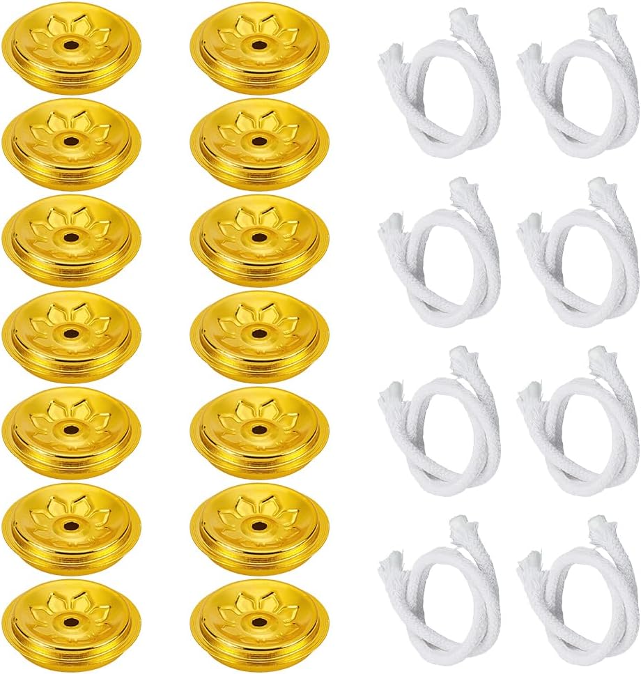 WEBEEDY 40 PCS Metal Floating Wick Holder & Wick Oil Lamp Wicks Replacement Gold Aluminum Candlewicks Holder Round Candle Float Stand Rack Dining Table Centerpiece Wedding Party Decor Supplies