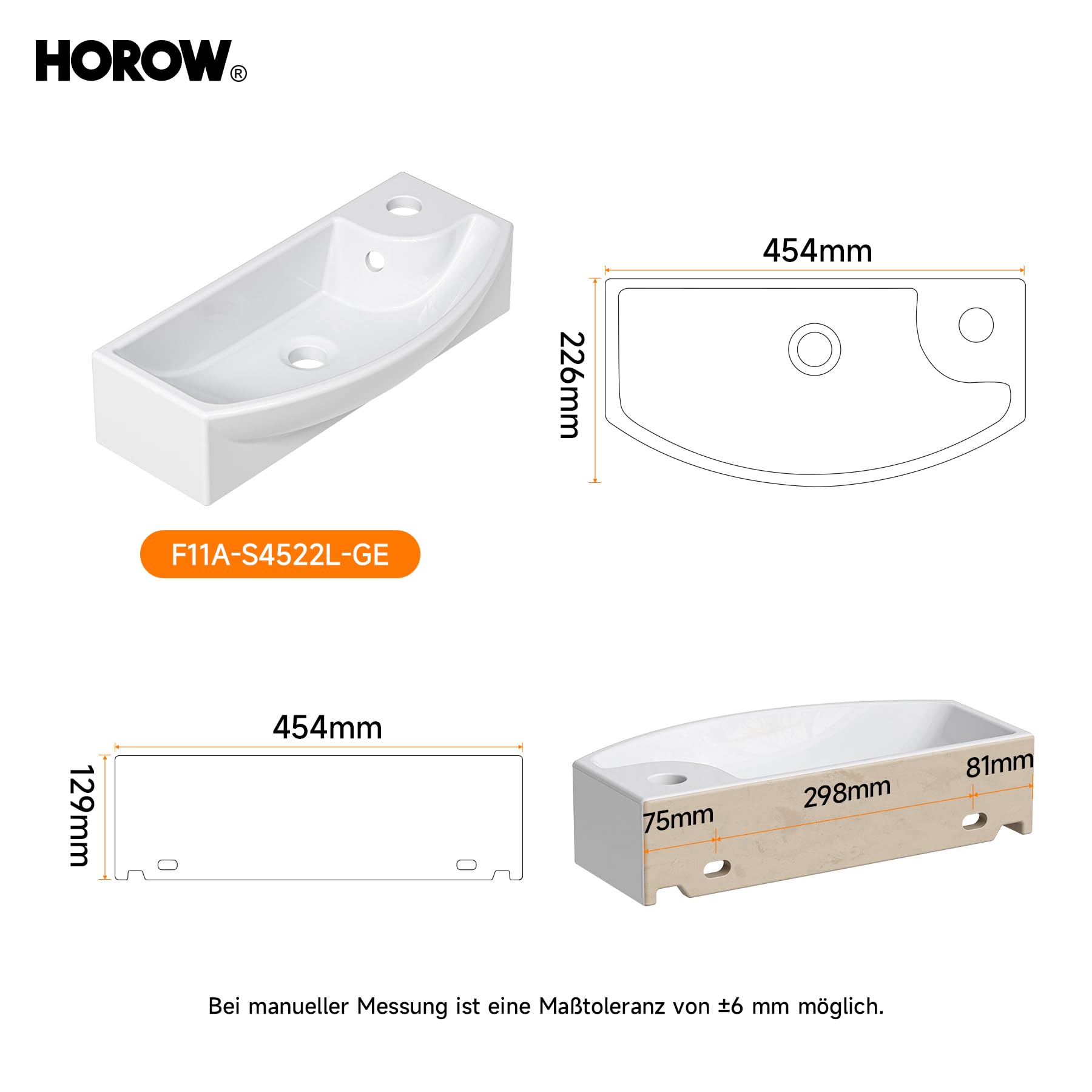 HOROW Waschbecken Klein Gäste WC 45 cm Breit Weiß