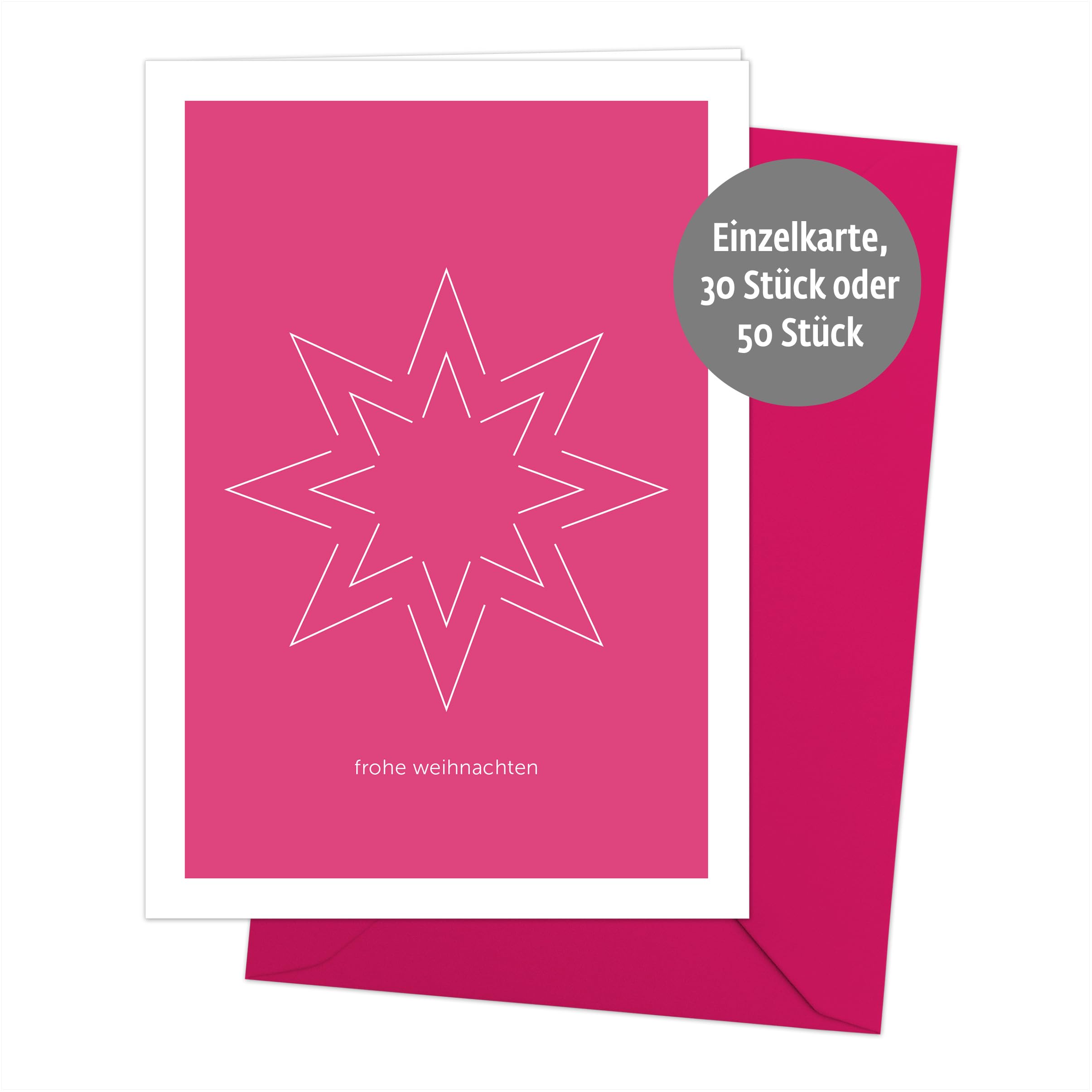 50er-Set Weihnachtskarten Grußkarten „Frohe Weihnachten“ – Minimalistische Klappkarten im Premium-Format mit Umschlag in Knallpink