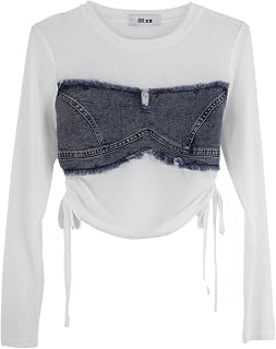 ICW Women Retro Style Long-Sleeves Round Neck Net Drawstring Transparent Mesh-Denim Sheer Crop Top T-Shirt DN36 Price In India