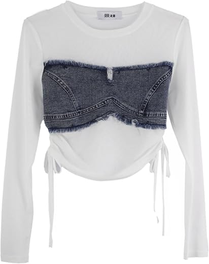 ICW Women Retro Style Long-Sleeves Round Neck Net Drawstring Transparent Mesh-Denim Sheer Crop Top T-Shirt DN36