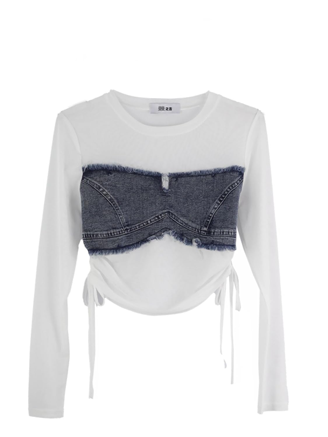 ICW Women Retro Style Long-Sleeves Round Neck Net Drawstring Transparent Mesh-Denim Sheer Crop Top T-Shirt DN36
