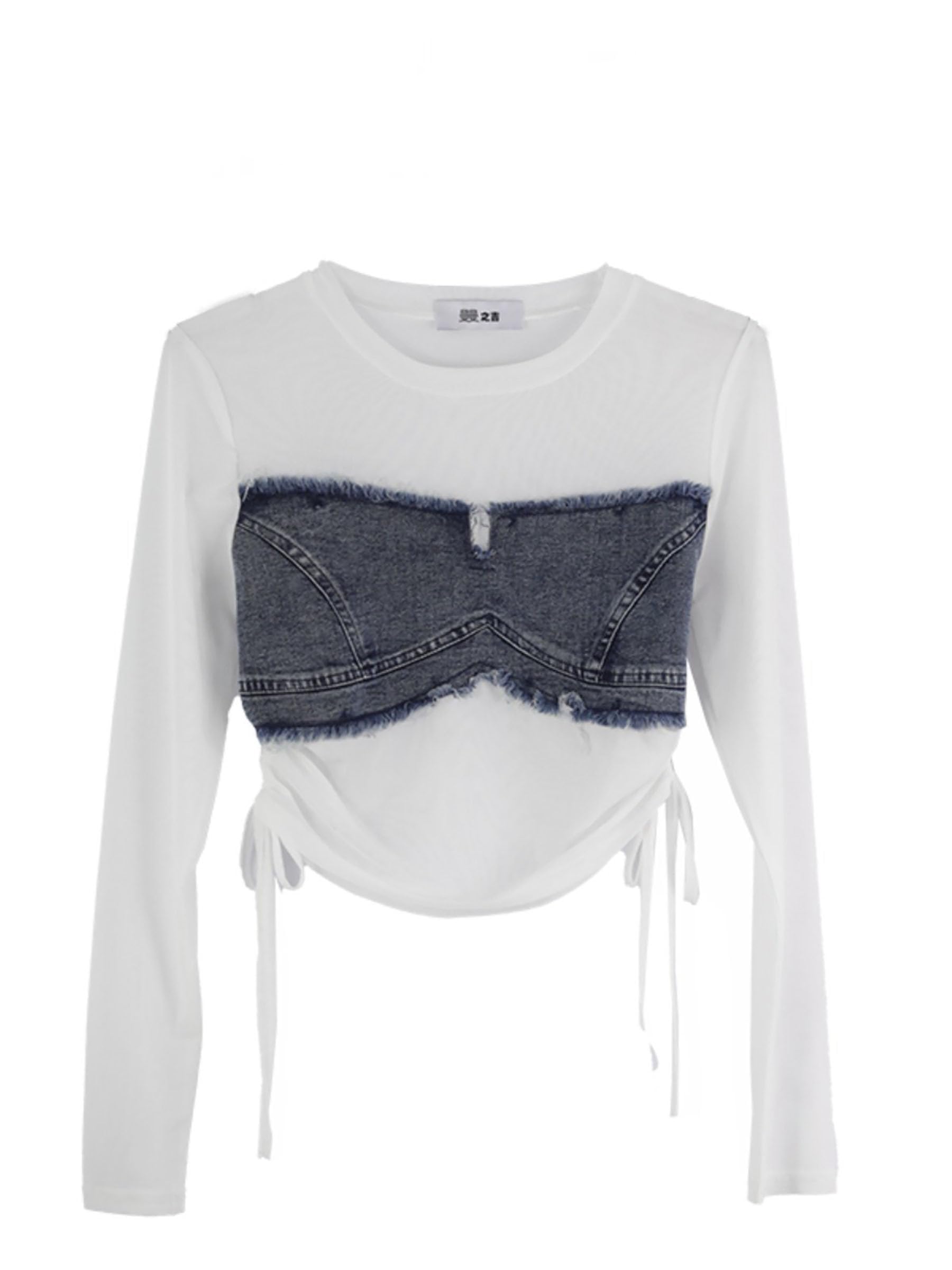 Women Retro Style Long-Sleeves Round Neck Net Drawstring Transparent Mesh-Denim Sheer Crop Top T-Shirt DN36-image-20