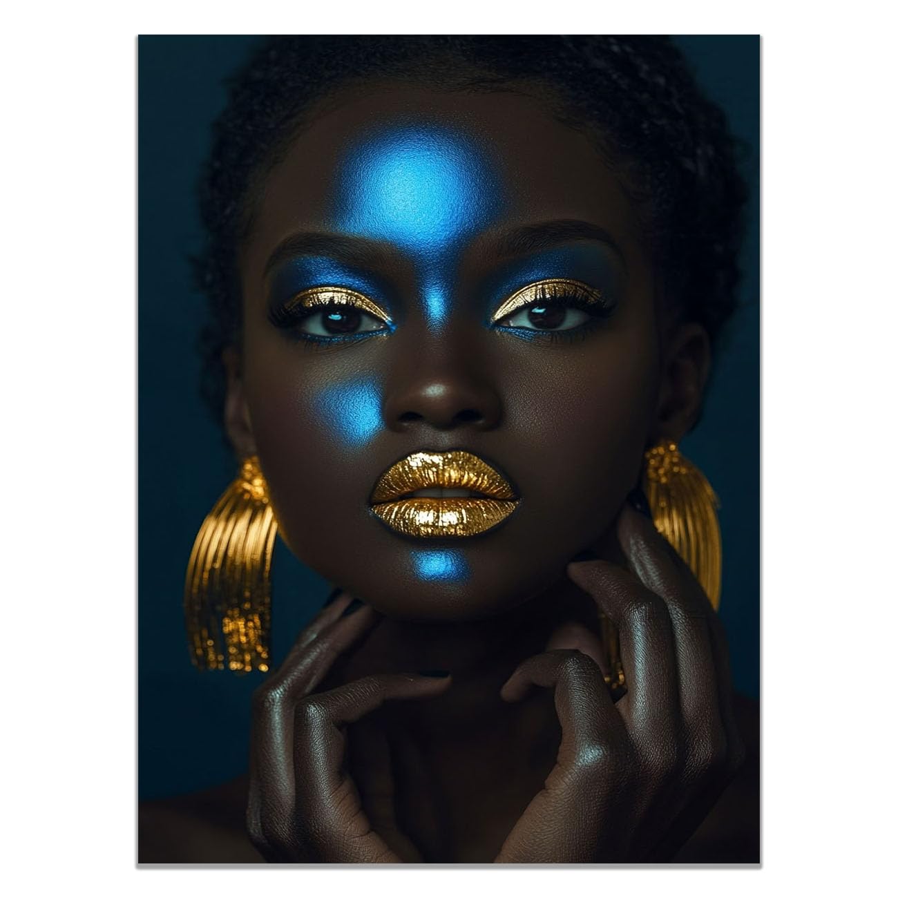 QUSAAOU Fashion Canvas Wall Woman Blue Gold Makeup Portrait Living Room Bedroom African American Decor For Home Afro Woman Poster And Prints(water duck blue)-80x120cm1 Unframed