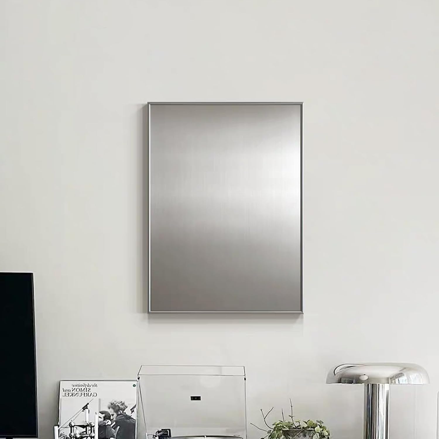 AMAATE 24×16 Inch DIY Magnetic Stainless Steel Bulletin Board, Silver Metal Frame Wall Art & Photo Display with Magnets & Hooks, Modern Style Wall Mount Organizer