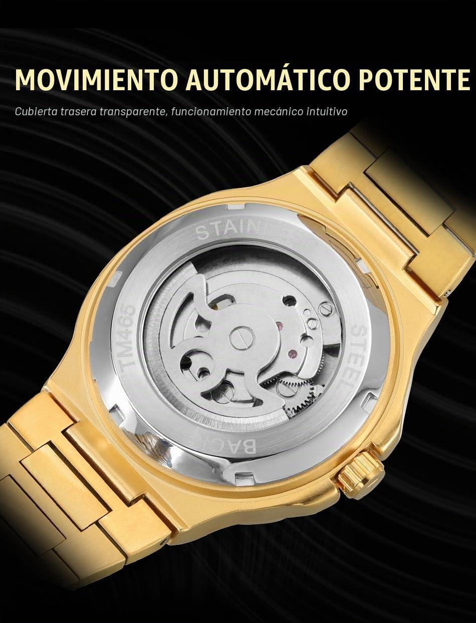 FORSINING Reloj analógico de esqueleto automático de lujo para hombre con correa de acero inoxidable