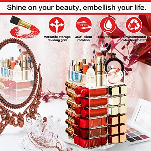 Acrylic Lipstick Tower Holder, FODIENS 360 Degree Rotating Makeup Cosmetic Lipsticks Organizer with 53 Slots, Spinning Lipgloss Storage Display Stand Holder