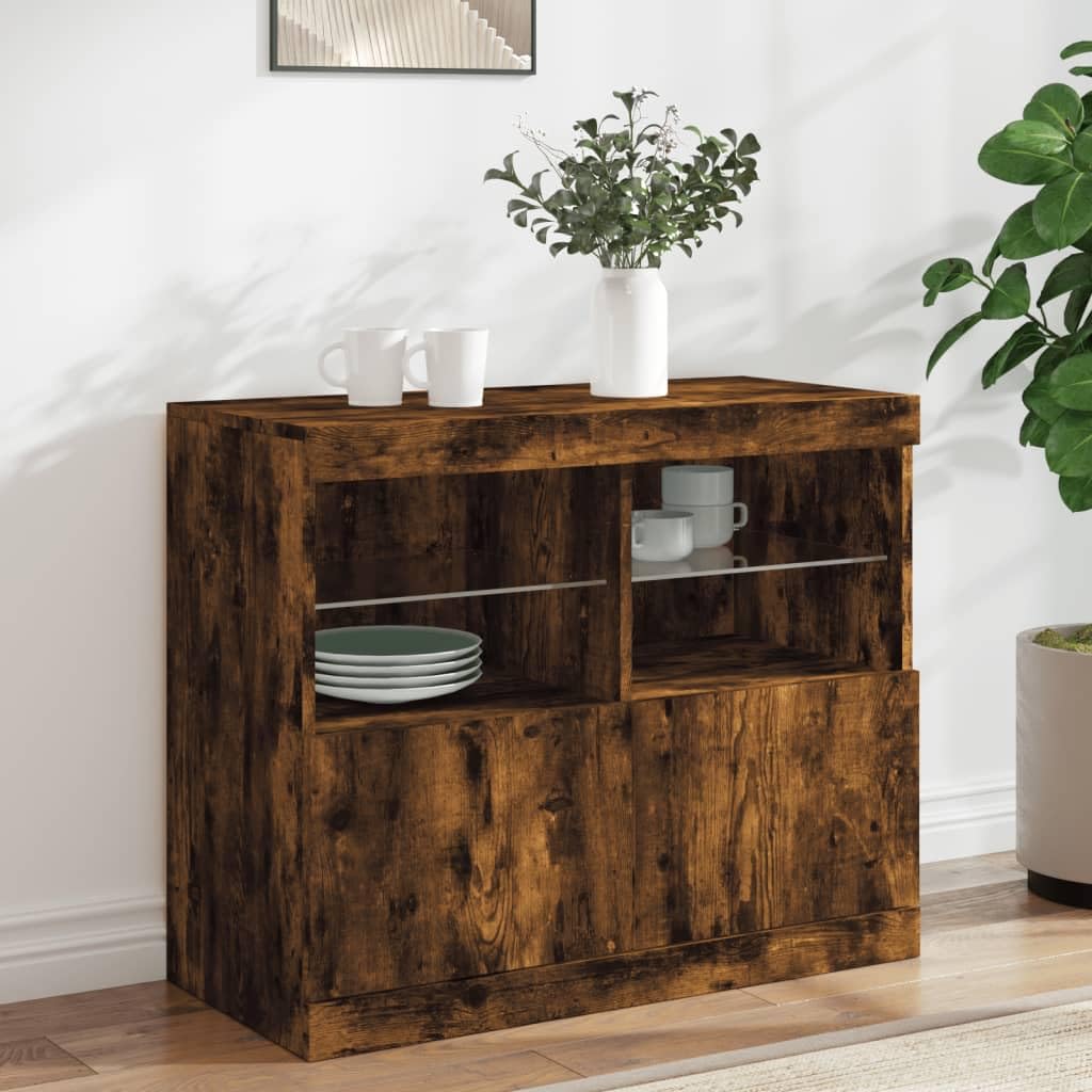 vidaXL Aparador con Luces LED, Armario Auxiliar de Almacenaje, Aparador de Comedor, Mueble Decorativo para Salón Pasillo Cocina, Roble Ahumado