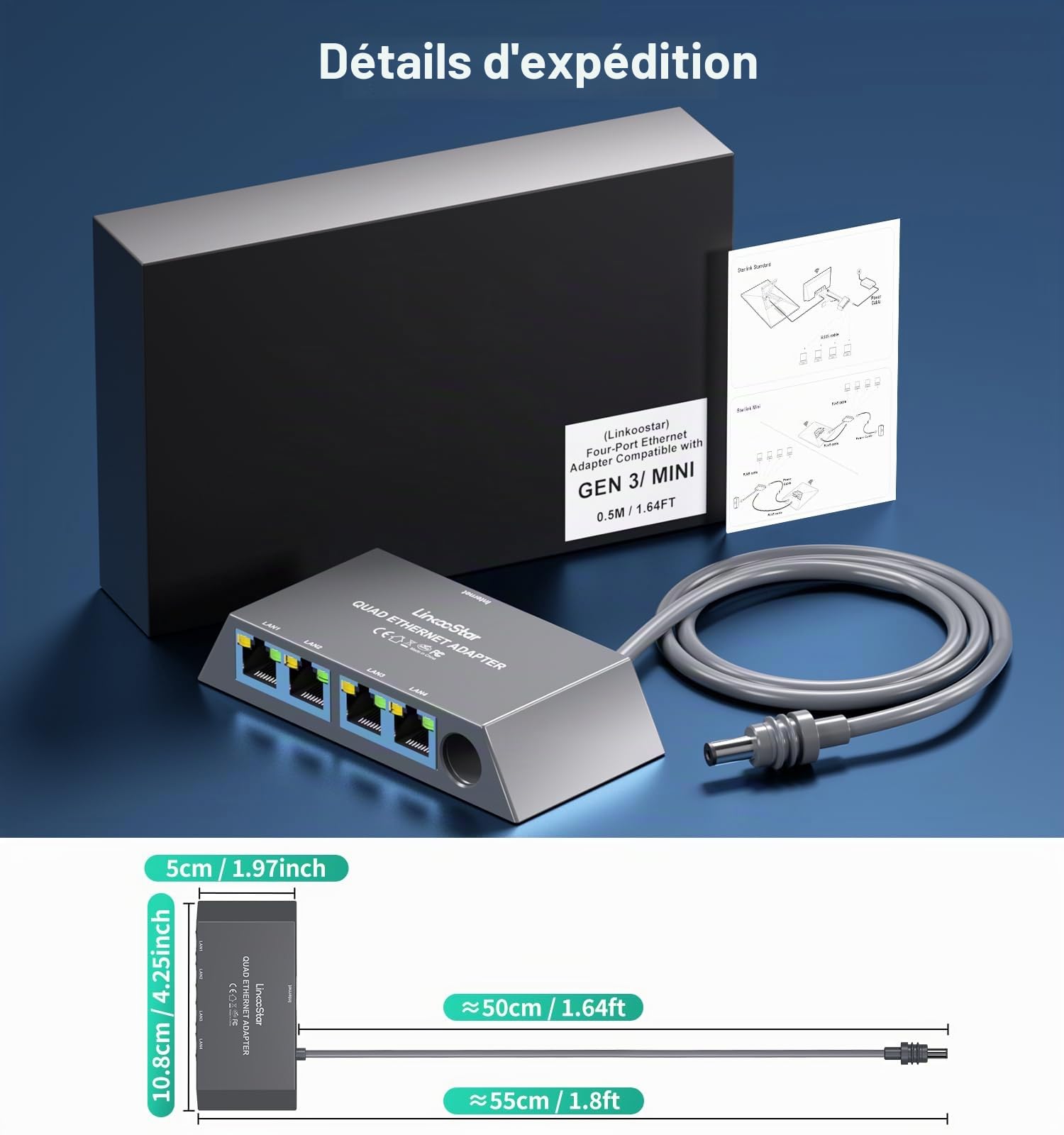 HanCenDa Adaptateur Ethernet Starlik pour Starlik Ge 3Mii 1 vers 4, extension réseau LAN RJ45 pour Cat 55e678, connexion rapide et stable pour 4 appareils simultanément