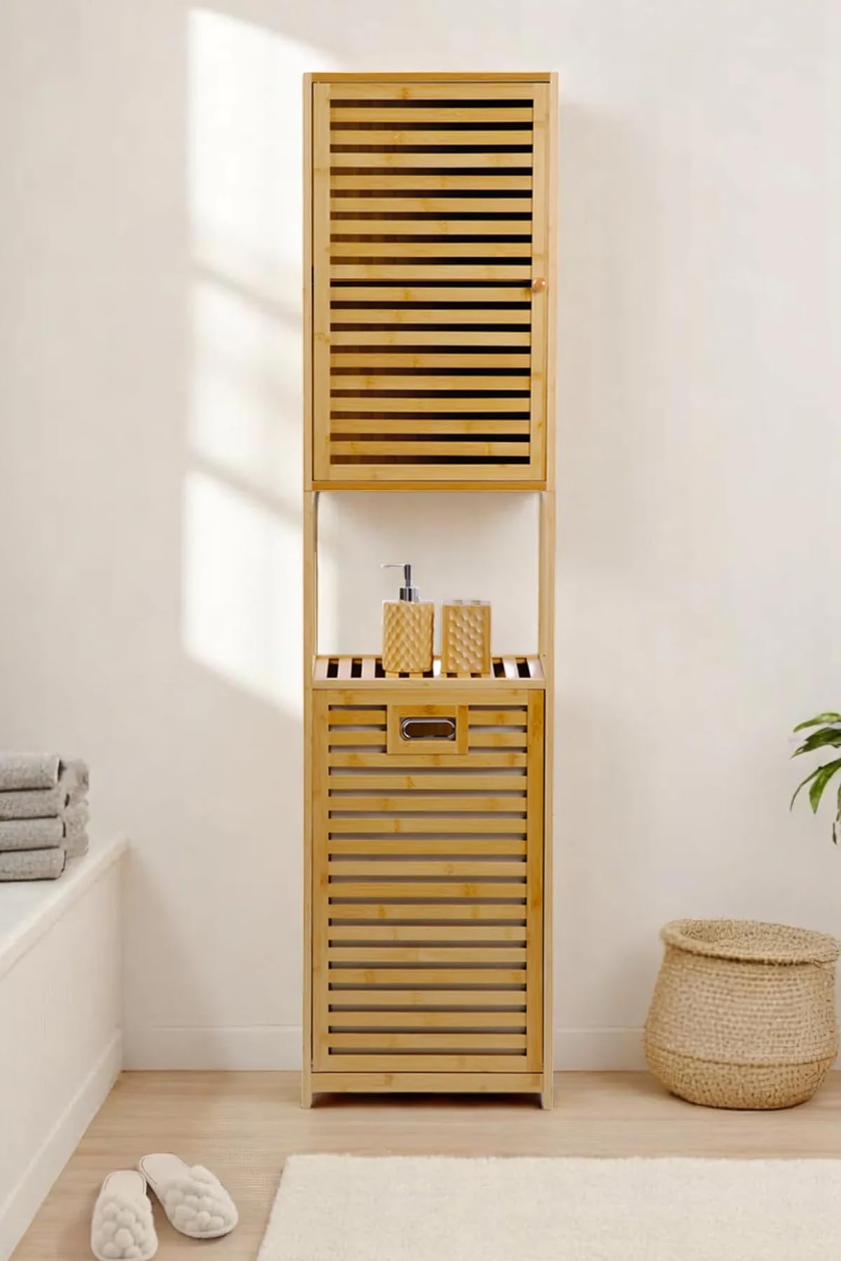 Digithome Bambu Kirli Sepetli 1 Raflı Kapaklı Banyo Dolabı…