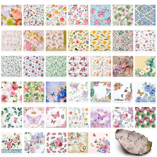 Crtiin 40 Pack Decoupage Napkins Assorted Floral Decorative Decoupage Napkins Cocktail Paper for DIY Crafting Birthday Party, Each Unfolded 13 Inch (Soft Floral)