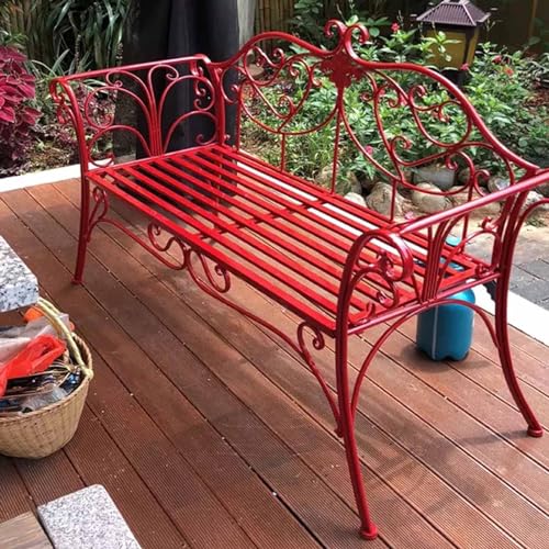 Banco de jardín rojo para exteriores, elegante silla de patio con respaldo de patrón de flores y asiento de listones, banco de parque de metal para césped, balcón, porche y muebles de patio trasero