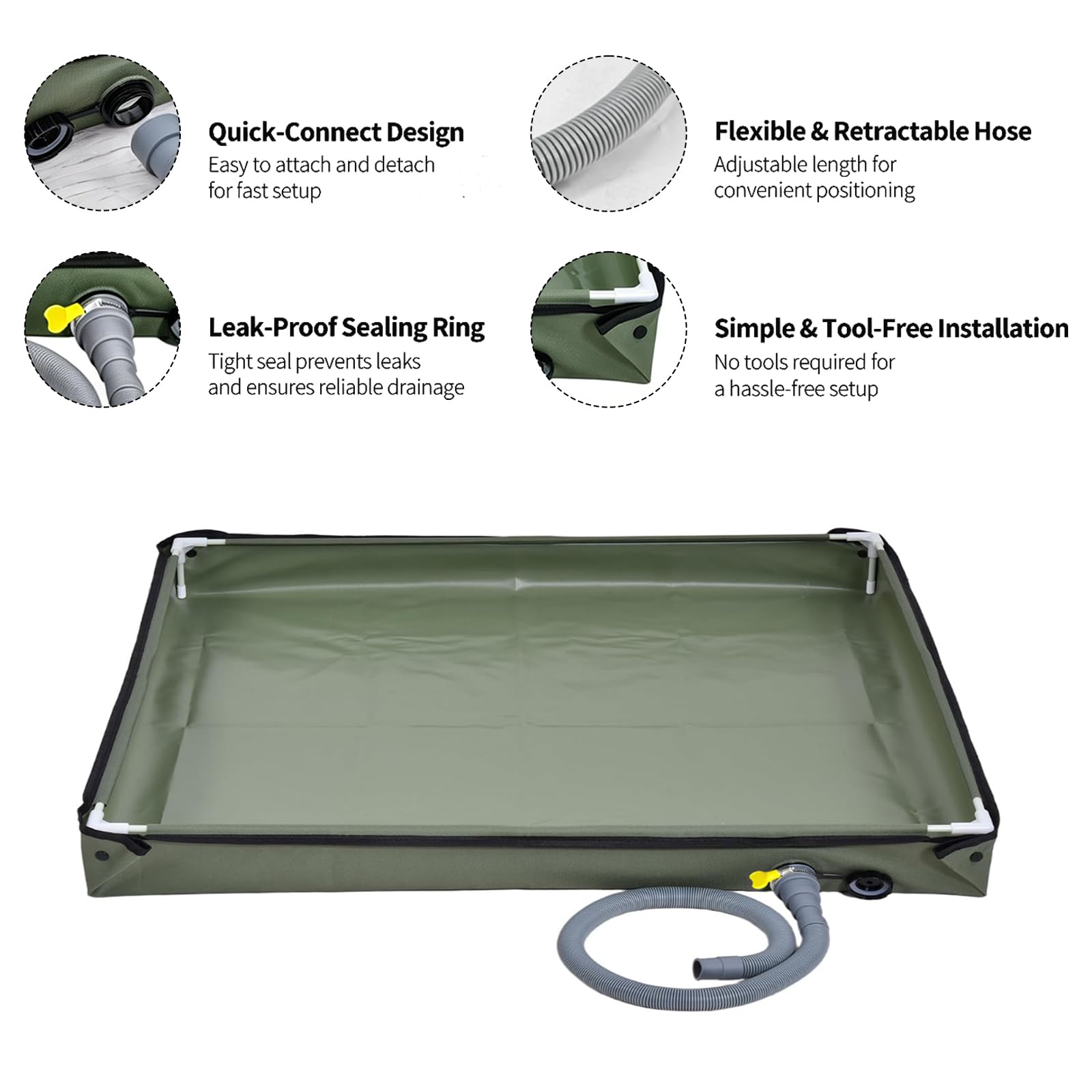 Piatto doccia portatile, pieghevole, per campeggio, con tubo di scarico, 80 x 80 x 10 cm, resistente tessuto Oxford, impermeabile, tenda da sole, da campeggio, per doccia all'aperto (verde militare)