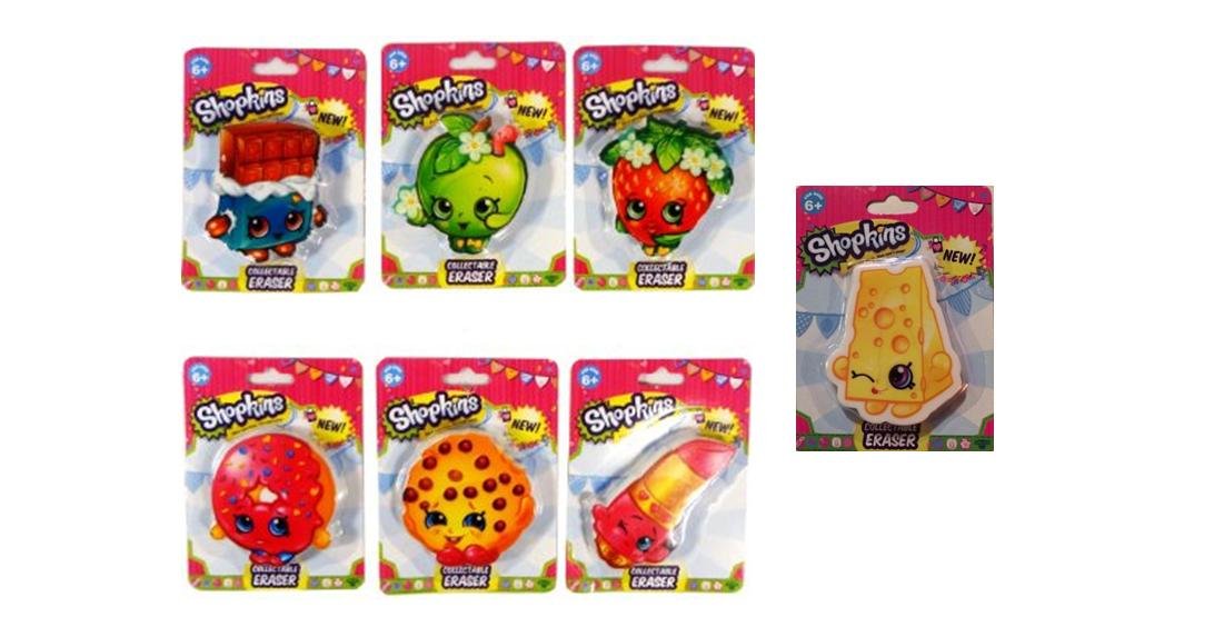 Shopkins Collectible Eraser Bundle Set - 7 itmes : Lippy Lips, Kooky Cookie, Strawberry Kiss, Chee Zee, Cheeky Chocolate, Apple Blossom and D'lish Donut