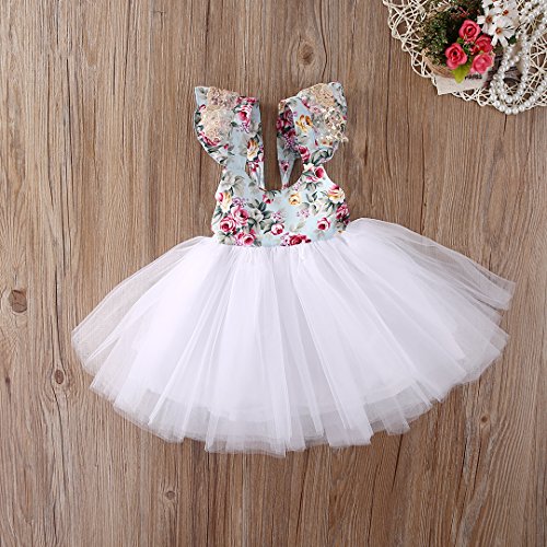 Newborn Toddler Baby Girls Floral Dress Party Ball Gown Lace Tutu Formal Dresses Sundress (12-18M, White)