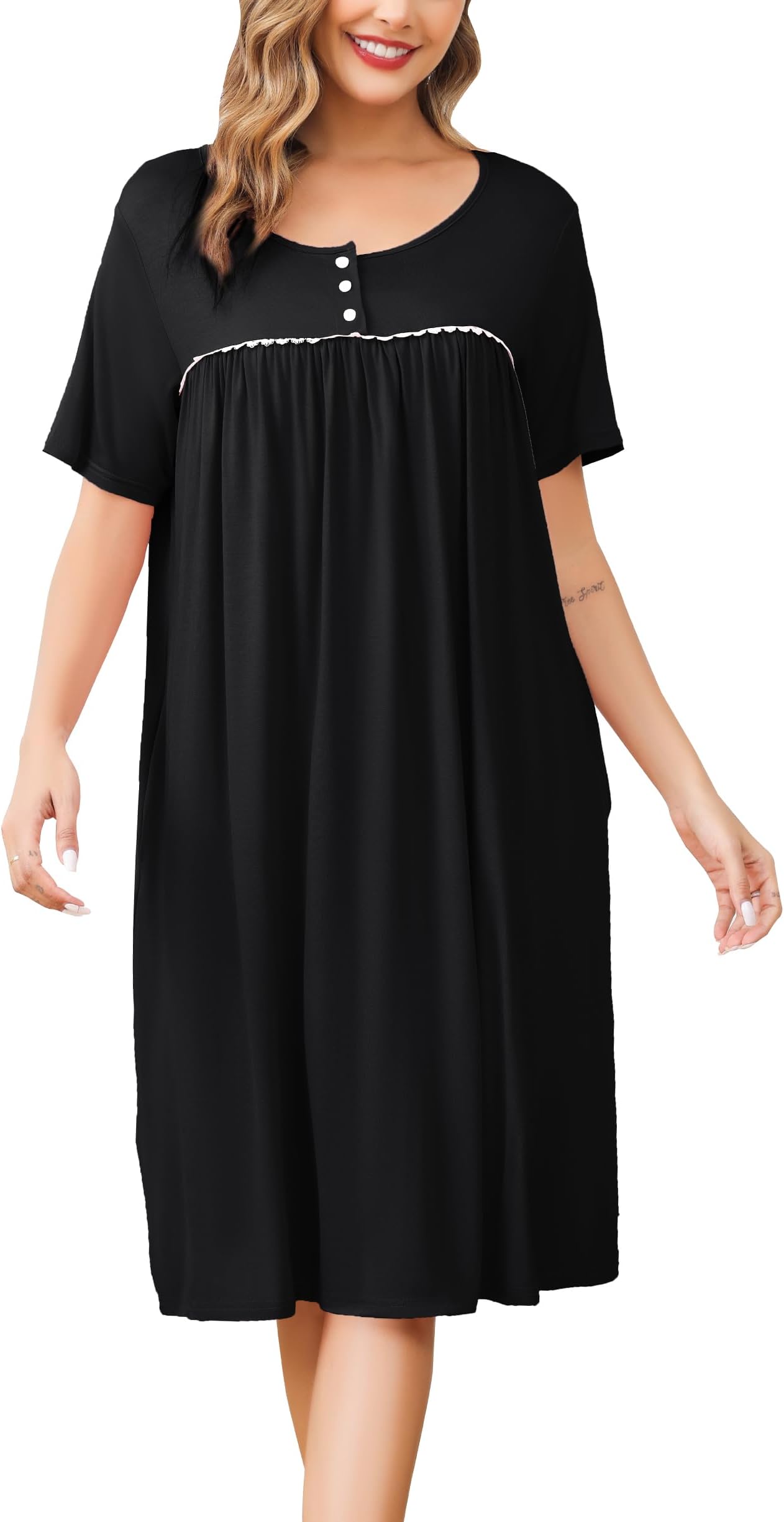 Women's Nighties Button Front Long Nightdress Pleated Lace Nightgowns Luxury Soft Touch Nightgshirt with Pockets S-XXL