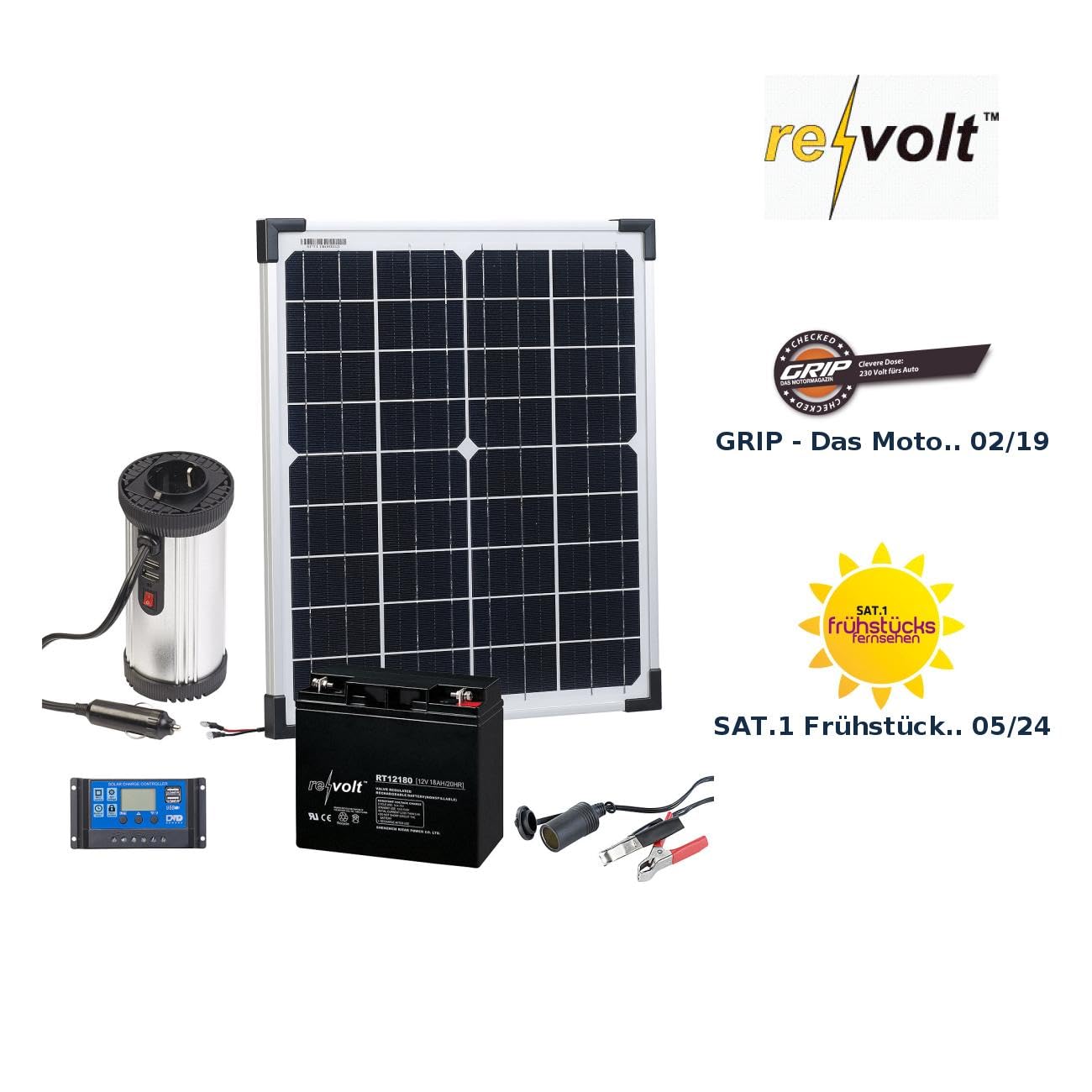 revolt Solar Batterie: Solarpanel (20 W) mit Akku, Laderegler und 230-V-Wandler (Solarpanel mit Akku und Steckdose, mit Batterie, PV)