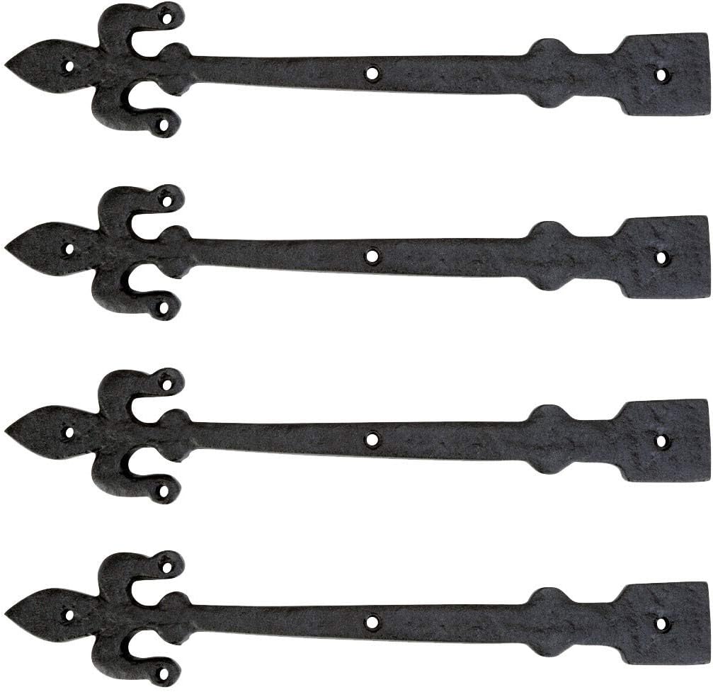 Renovators Supply Manufacturing Black Wrought Iron Garage Door Decorative Hardware Fleur De Lis Design 12 in. Rust Resistant Dummy Strap Hinge with Mounting Hardware Pack of 4