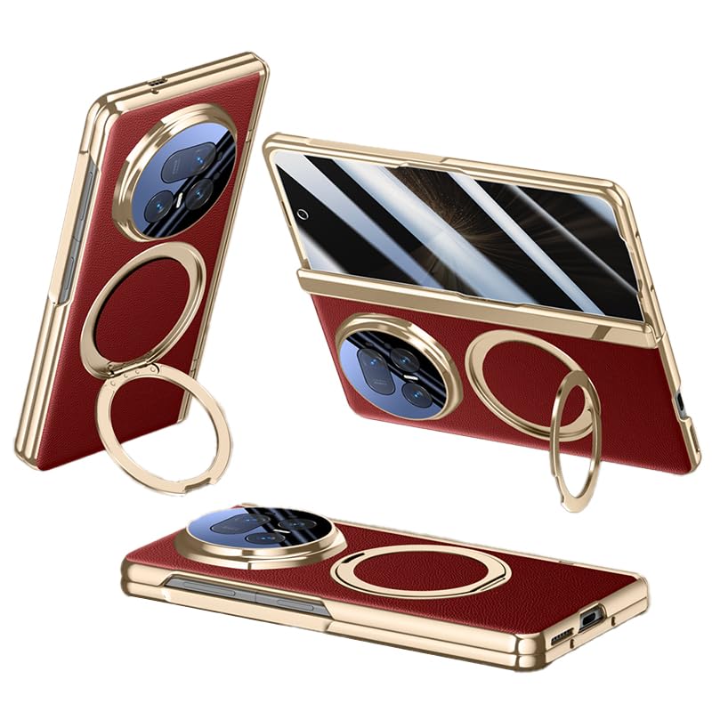 Étui en cuir Honor Magic V5 rouge haut de gamme avec anneau et écran de confidentialité