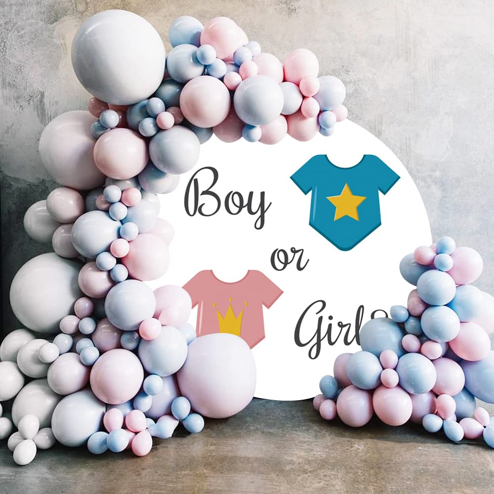 Średnica 2,3 m 'On or She Gender Reveal' impreza okrągłe tło okładka niemowlę chłopiec dziewczynka ubrania fotografia tło dla noworodka baby shower ujawnienie płci ogłoszenie ciążowa dekoracja na imprezę