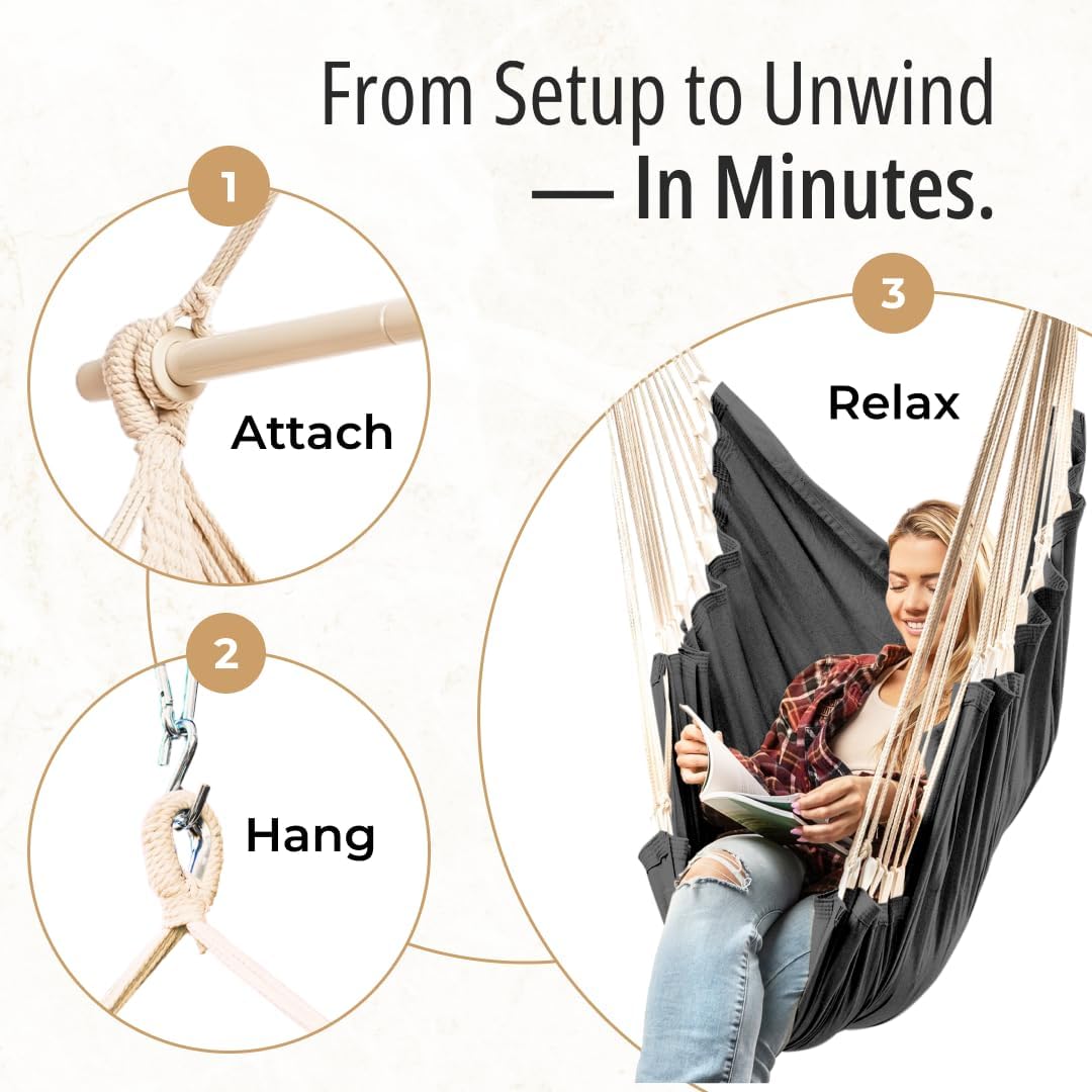 Hanging Hammock Chair Swing – Hanging Chair Outdoor & Indoor - Hammock Swing Chair – Quick & Easy Setup with Hardware Kit – Durable & Spacious Full Body Support – Holds 440 Lbs - Image 3