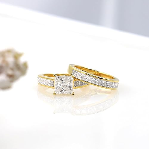 Miniatura 4 de Juego de anillos de novia de 3 a 4 quilates, 0.276 in, corte princesa, creado en laboratorio, moissanita, anillo de compromiso nupcial para mujer,