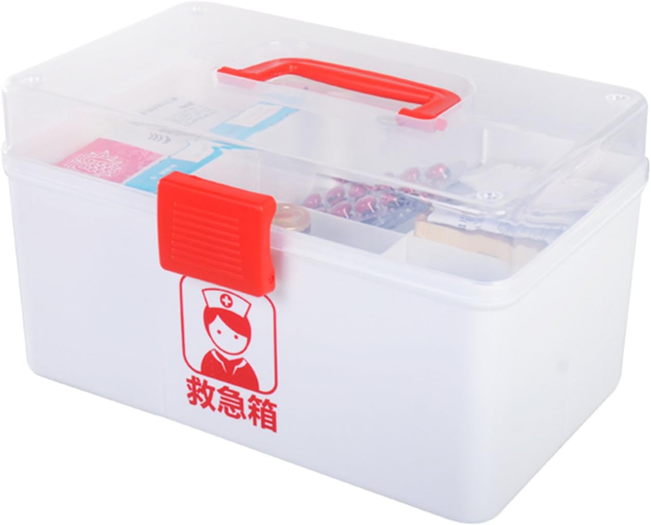 YESCO Big Double Layer Medicine Box Large Plastic PP First Aid Storage Box Family Emergency Kit Storage Box Case Home use First Aid Kit Handled Pill Organizer Red