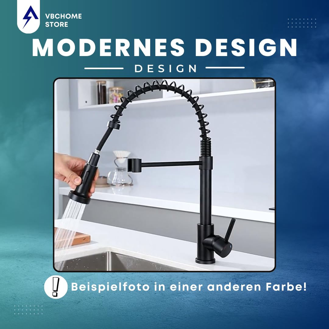 VBChome Grifo de cocina de acero inoxidable cepillado con caño extensible, muelle decorativo e interruptor de chorro, grifo de fregadero profesional para cocinas modernas, giratorio 360°