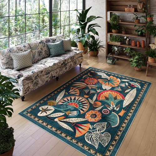 Image of Zealude Boho Egypt Green Area Rugs for Living Room Bedroom, 5x7 Washable Large Dining Room Rug Non Slip, Floral Vintage Farmhouse Throw Carpet for Office Hardwood Floor Playroom (Dark Green,5 x 7)