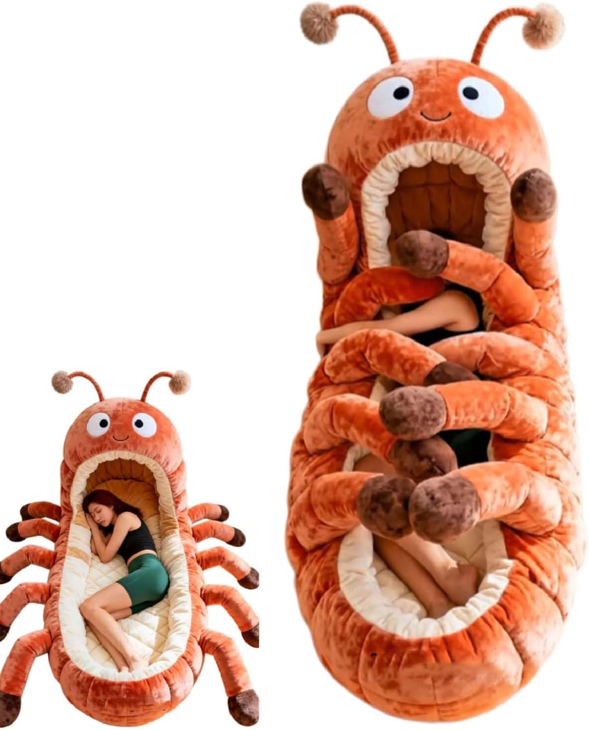 Hugging Caterpillar Plush Cocoon Sleeping Bag for Adults | Full Body Lounger with Adjustable Pull Cord | Ultimate Indoor Nap Pod & Animal Relaxation Lounger (Orange)